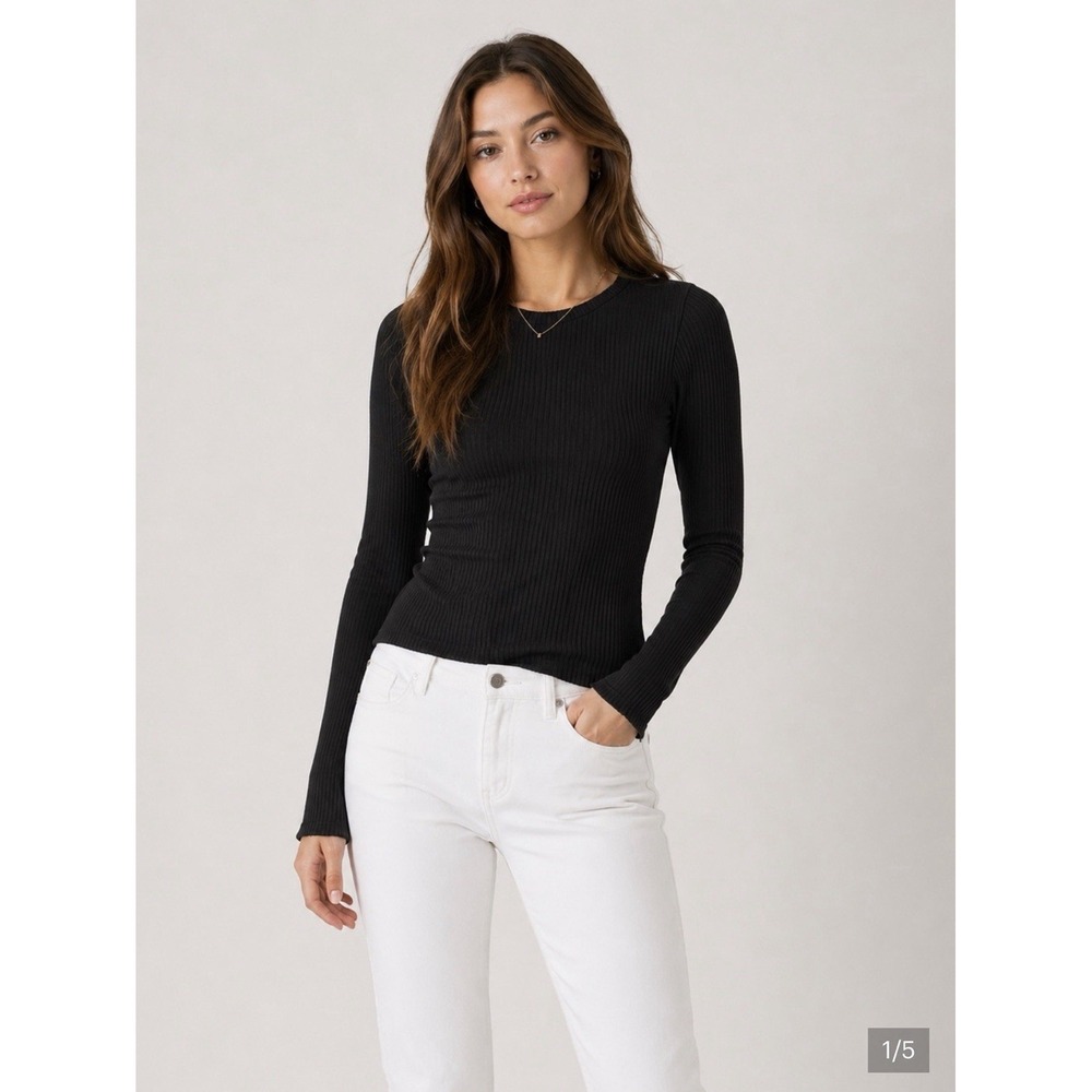 NWT Zara Black Ribbed Long Sleeve Knit Top Basic Layering Crew Neck Women's L